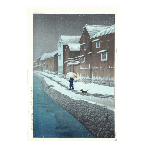 Hasui Kawase, "Snow at Shinkawabata, Handa"